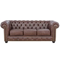 Sofá 3 Lugares Sala de Estar 235cm Chesterfield Pés Madeira Couro Tabaco - Gran Belo
