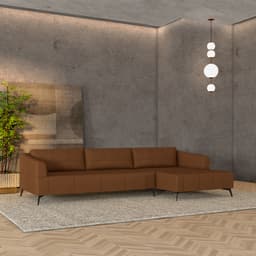 Sofá Bipartido Sala de Estar Kiara 292cm Chaise Direito Pés de Ferro Couro Caramelo G52 - Gran Belo