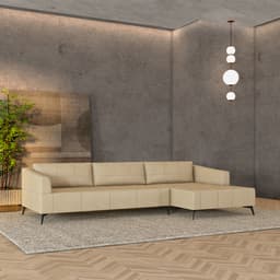 Sofá Bipartido Sala de Estar Kiara 312cm Chaise Direito Pés de Ferro Couro Bege G52 - Gran Belo