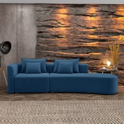 Sofá Curvo Decorativo Kimiko 317Cm 3 Lugares Sala de Estar com Chaise Veludo Azul Petróleo G52 - Gran Belo