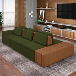 Sofá Ilha com Encosto e Almofadas Móveis Olimpo 365cm Modulado Linho/PU Verde/Caramelo G45 - Gran Belo
