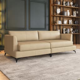 Sofá Living Bipartido 250cm Indonésia Pés de Ferro Couro Bege G52 - Gran Belo