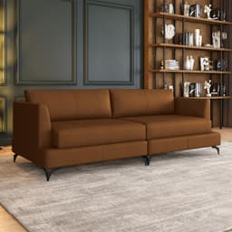 Sofá Living Bipartido 250cm Indonésia Pés de Ferro Couro Caramelo G52 - Gran Belo