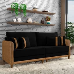 Sofá Living Montecarlo 2 Lugares Bipartido 172cm Pés em Madeira Veludo/PU Preto/Caramelo G33 - Gran Belo