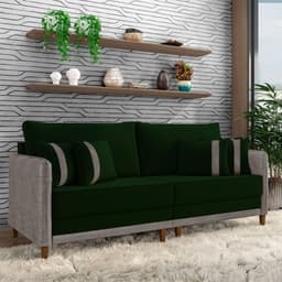 Sofá Living Montecarlo 3 Lugares Bipartido 252cm Pés em Madeira Veludo/PU Verde/Cinza G33 - Gran Belo