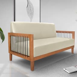 Sofá Namoradeira 2 Lugares Sala de Estar Pés Madeira Maciça Corda Náutica Preta 160cm Manila PU Bege G63 - Gran Belo