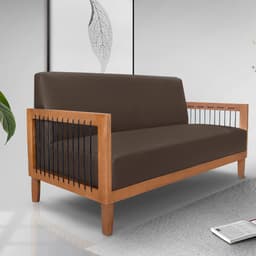 Sofá Namoradeira 2 Lugares Sala de Estar Pés Madeira Maciça Corda Náutica Preta 160cm Manila PU Marrom G63 - Gran Belo