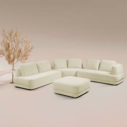 Sofá de Canto Modulado Vercelli 442cm com Almofadas Soltas e Puff Veludo Luxo Off White G92 - Gran Belo