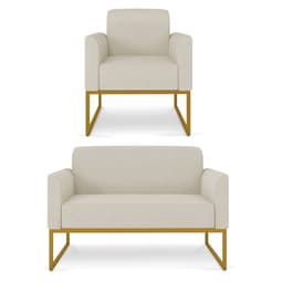 Kit Namoradeira e 1 Poltrona Decorativa Base Industrial Dourada Maressa A19 Linho Grosso Bege - Ibiza