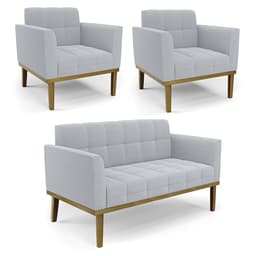 Namoradeira e 2 Poltronas Base Madeira Castanho Ana Bouclé Cinza - Ibiza