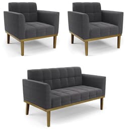 Namoradeira e 2 Poltronas Base Madeira Castanho Ana Bouclé Grafite - Ibiza