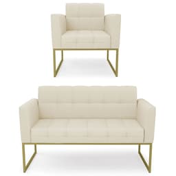 Sofá Namoradeira e 1 Poltrona Base Industrial Dourado Ana Linho Bege - Ibiza