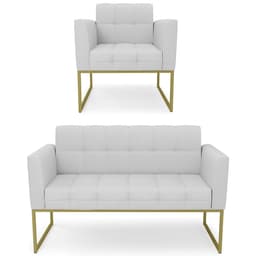 Sofá Namoradeira e 1 Poltrona Base Industrial Dourado Ana Linho Cinza - Ibiza