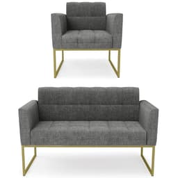 Sofá Namoradeira e 1 Poltrona Base Industrial Dourado Ana Linho Grafite - Ibiza