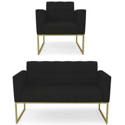 Sofá Namoradeira e 1 Poltrona Base Industrial Dourado Ana Linho Preto - Ibiza