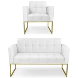 Sofá Namoradeira e 1 Poltrona Base Industrial Dourado Ana Sintético Branco - Ibiza