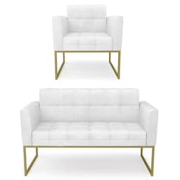 Sofá Namoradeira e 1 Poltrona Base Industrial Dourado Ana Sintético PU Branco - Ibiza