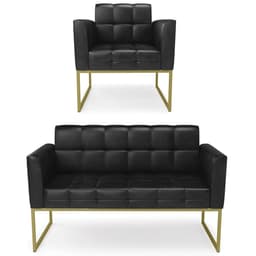 Sofá Namoradeira e 1 Poltrona Base Industrial Dourado Ana Sintético PU Preto - Ibiza