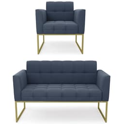 Sofá Namoradeira e 1 Poltrona Base Industrial Dourado Ana Suede Azul Marinho - Ibiza