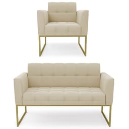 Sofá Namoradeira e 1 Poltrona Base Industrial Dourado Ana Suede Bege - Ibiza
