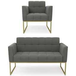 Sofá Namoradeira e 1 Poltrona Base Industrial Dourado Ana Suede Grafite - Ibiza
