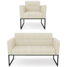 Sofá Namoradeira e 1 Poltrona Base Industrial Preto Ana Linho Bege - Ibiza