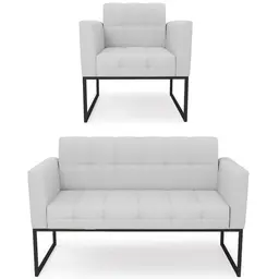Sofá Namoradeira e 1 Poltrona Base Industrial Preto Ana Linho Cinza - Ibiza