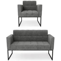 Sofá Namoradeira e 1 Poltrona Base Industrial Preto Ana Linho Grafite - Ibiza