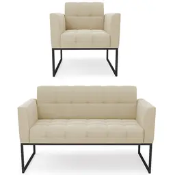 Sofá Namoradeira e 1 Poltrona Base Industrial Preto Ana Suede Bege - Ibiza