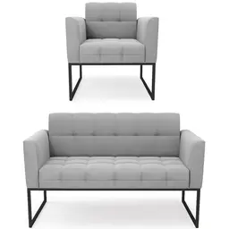 Sofá Namoradeira e 1 Poltrona Base Industrial Preto Ana Suede Cinza - Ibiza