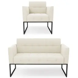 Sofá Namoradeira e 1 Poltrona Base Industrial Preto Ana Veludo Bege - Ibiza