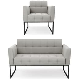 Sofá Namoradeira e 1 Poltrona Base Industrial Preto Ana Veludo Cinza - Ibiza