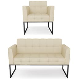 Sofá Namoradeira e 1 Poltrona Base Industrial Preto Ana Veludo Luxo Off White - Ibiza