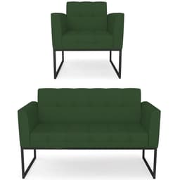 Sofá Namoradeira e 1 Poltrona Base Industrial Preto Ana Veludo Luxo Verde - Ibiza