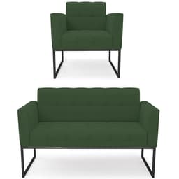 Sofá Namoradeira e 1 Poltrona Base Industrial Preto Ana Veludo Verde - Ibiza