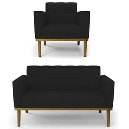 Sofá Namoradeira e 1 Poltrona Base Madeira Castanho Ana Linho Preto - Ibiza