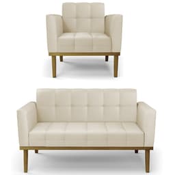 Sofá Namoradeira e 1 Poltrona Base Madeira Castanho Ana Sintético Bege - Ibiza