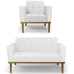 Sofá Namoradeira e 1 Poltrona Base Madeira Castanho Ana Sintético Branco - Ibiza