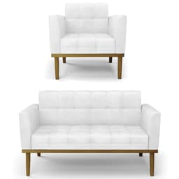 Sofá Namoradeira e 1 Poltrona Base Madeira Castanho Ana Sintético PU Branco - Ibiza