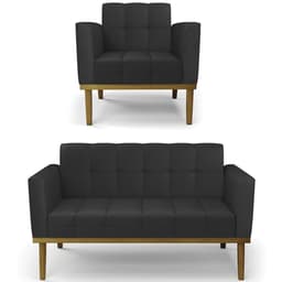 Sofá Namoradeira e 1 Poltrona Base Madeira Castanho Ana Sintético Preto - Ibiza