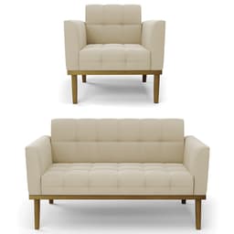 Sofá Namoradeira e 1 Poltrona Base Madeira Castanho Ana Suede Bege - Ibiza
