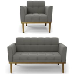 Sofá Namoradeira e 1 Poltrona Base Madeira Castanho Ana Suede Grafite - Ibiza