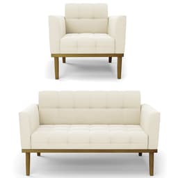 Sofá Namoradeira e 1 Poltrona Base Madeira Castanho Ana Veludo Bege - Ibiza