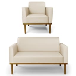 Sofá Namoradeira e 1 Poltrona Base Madeira Castanho Maressa Sintético Bege - Ibiza