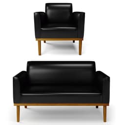 Sofá Namoradeira e 1 Poltrona Base Madeira Castanho Maressa Sintético PU Preto - Ibiza