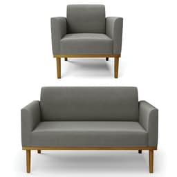 Sofá Namoradeira e 1 Poltrona Base Madeira Castanho Maressa Suede Grafite - Ibiza