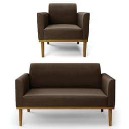 Sofá Namoradeira e 1 Poltrona Base Madeira Castanho Maressa Suede Marrom - Ibiza