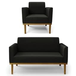 Sofá Namoradeira e 1 Poltrona Base Madeira Castanho Maressa Suede Preto - Ibiza