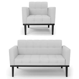 Sofá Namoradeira e 1 Poltrona Base Madeira Preto Ana Linho Cinza - Ibiza