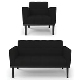 Sofá Namoradeira e 1 Poltrona Base Madeira Preto Ana Linho Preto - Ibiza